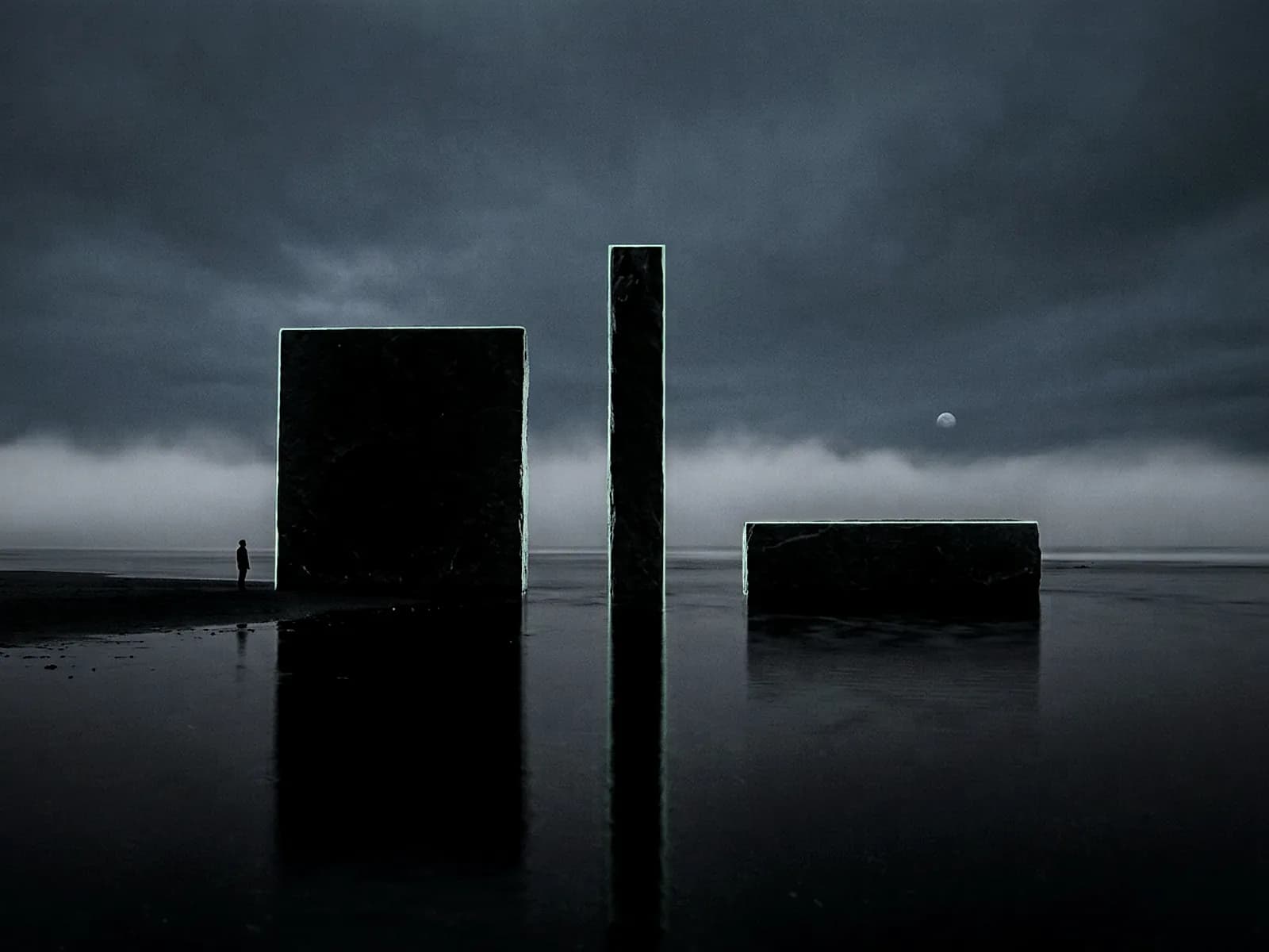 Three dark stone slabs of different proportions rise from shallow black water, the square, portrait and wide shapes lit along one edge, a tiny figure standing beside them