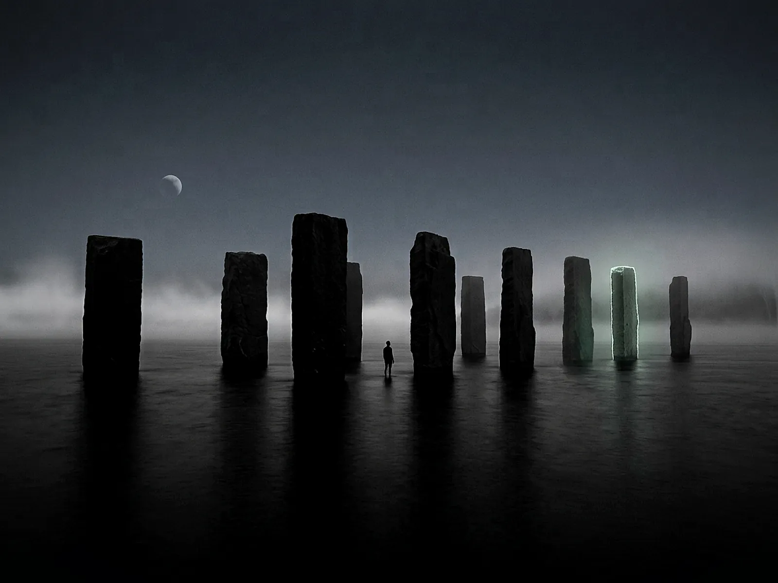 Nine dark stone monoliths stand in a black sea, one of them edged in pale mint light, with a tiny figure standing between them