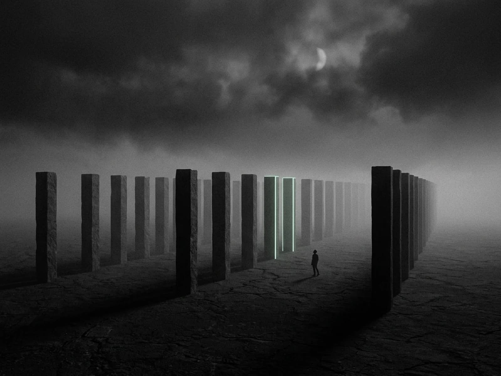 Rows of tall dark stone columns recede into fog on a black plain, two centre columns lit with a thin pale mint edge and a small figure between the rows