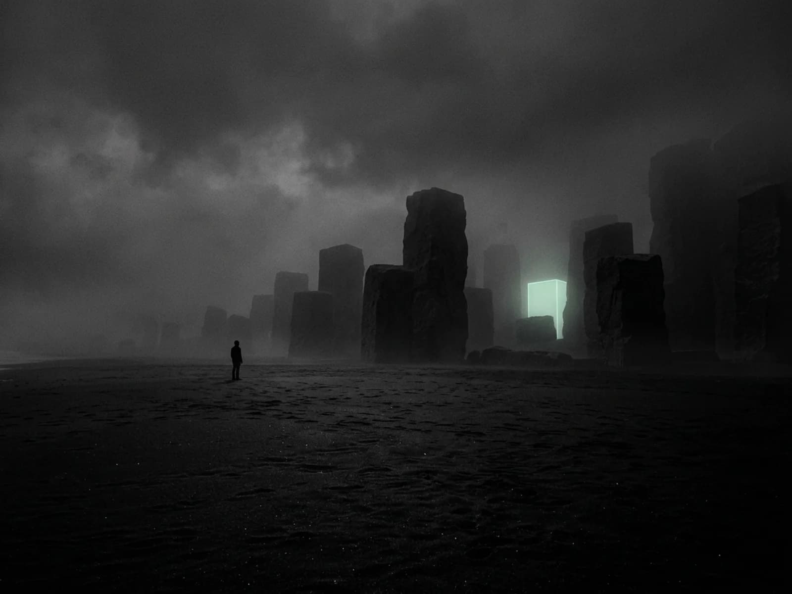 A lone figure stands in fog before a staggered row of dark stone blocks on a black plain, one distant block edged in pale mint light