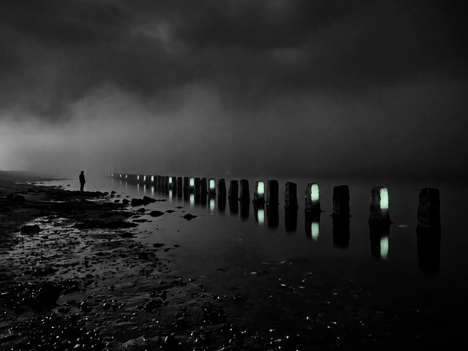 A row of short stone pillars stands in dark shallows at night, every few pillars glowing pale mint with their reflections, a lone figure on the shore