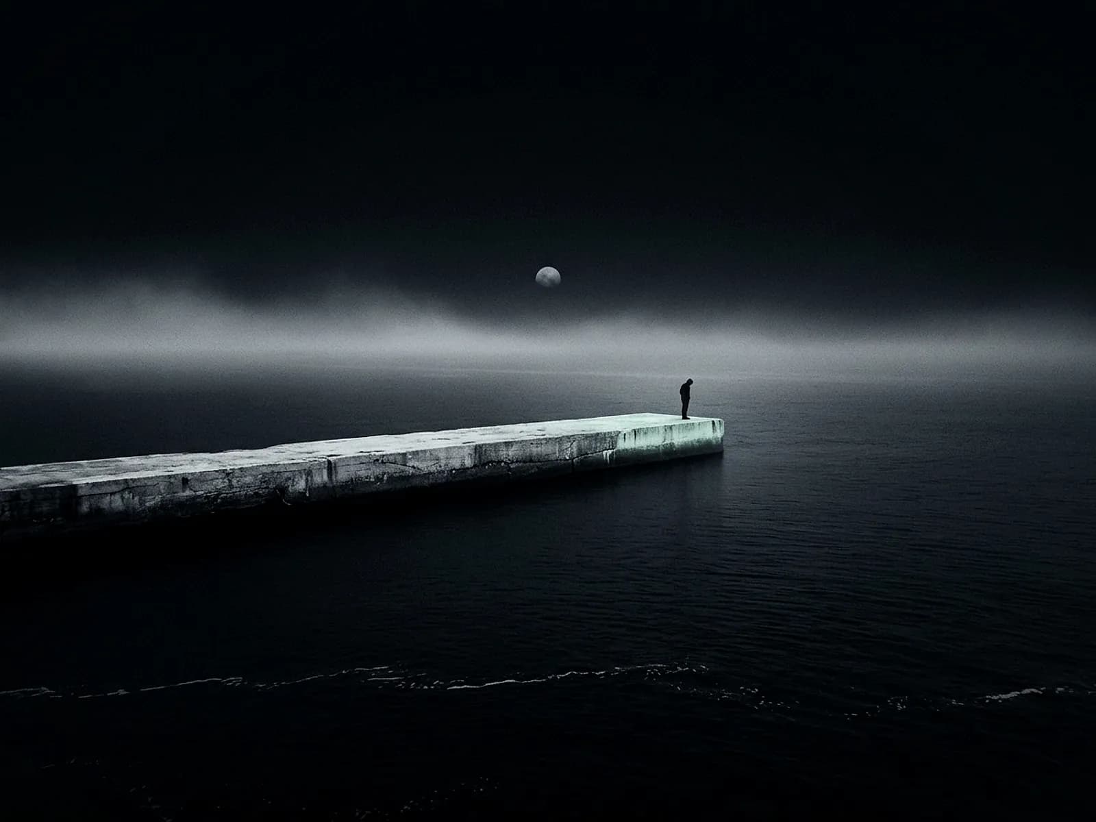 A lone figure stands at the end of a pale concrete pier that runs out into a black sea, a small planet hanging low in the fog behind them